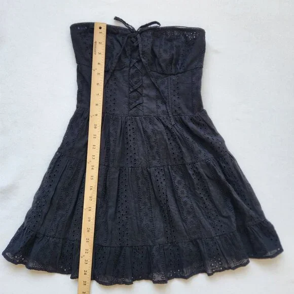 Edikted Liora Lacy Cotton Mini Dress Black Strapless Eyelet Ruffled Feminine - Picture 14 of 14